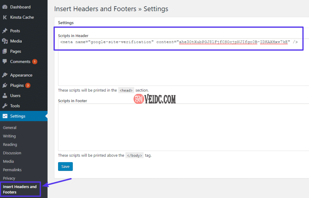 将HTML元标记添加到Insert Headers And Footers插件