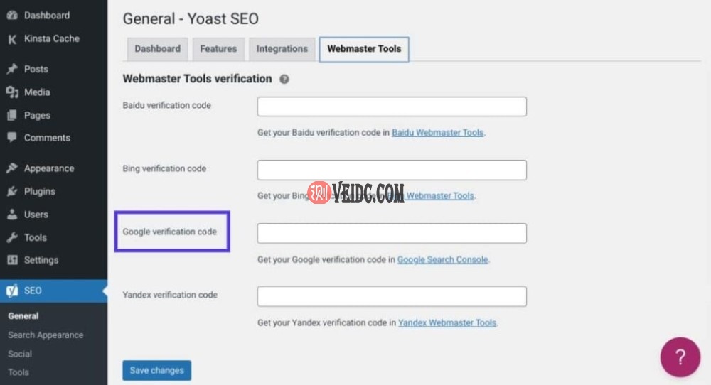 Yoast SEO中的Google站点验证