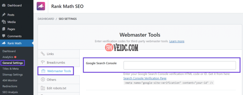 将Search Console验证码添加到Rank Math