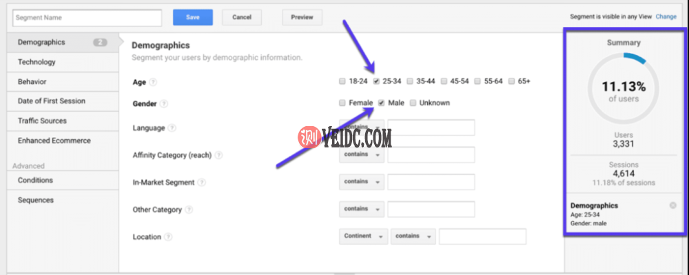 在Google Analytics中根据人群统计数据进行细分