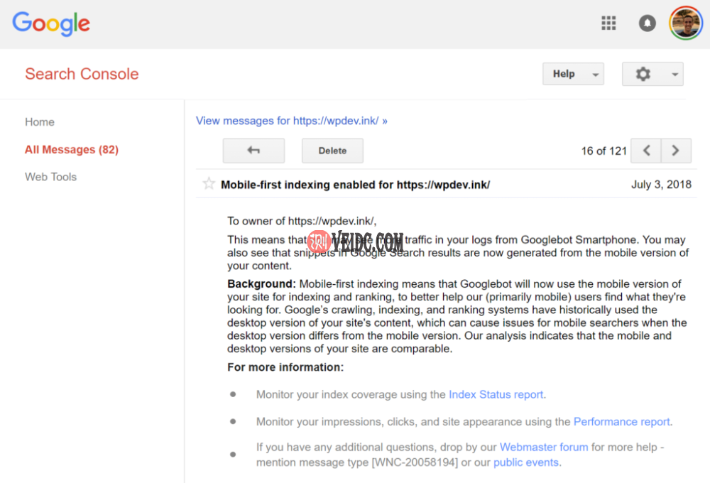 来自Google的启用移动优先索引的电子邮件