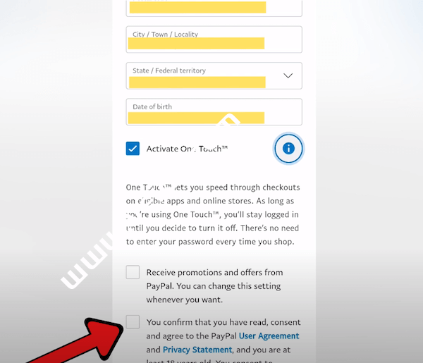 勾选同意PayPal注册使用条款