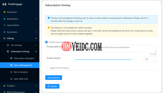 启用PushEngage叠加层