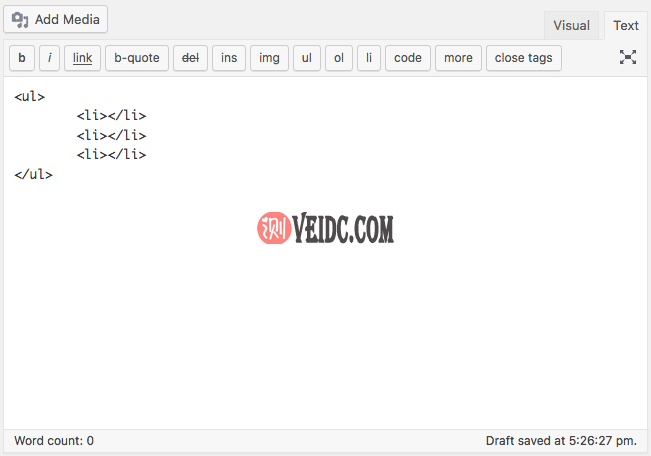 图像显示了WordPress文本编辑器的默认按钮