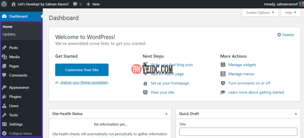 默认的WordPress管理仪表盘