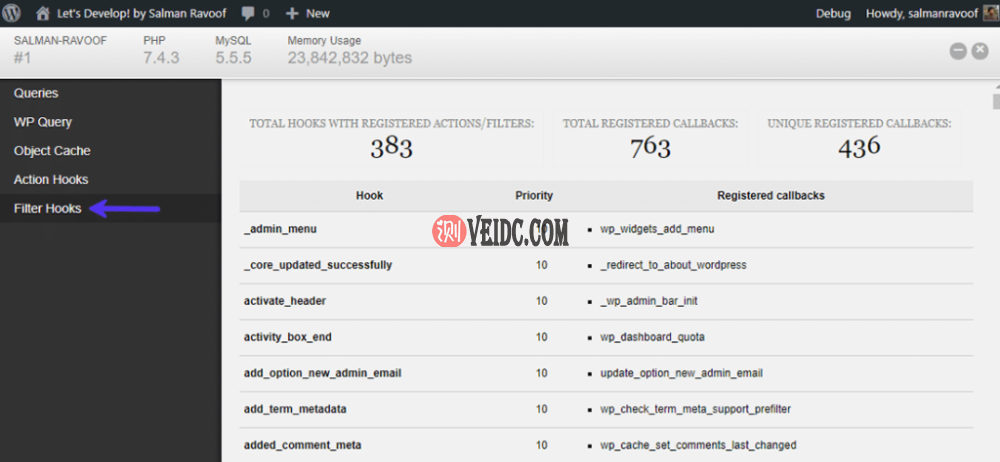 列出的过滤器及其优先级和注册的回调函数
