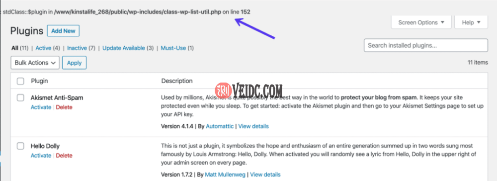 WordPress网站上的WP_DEBUG错误示例