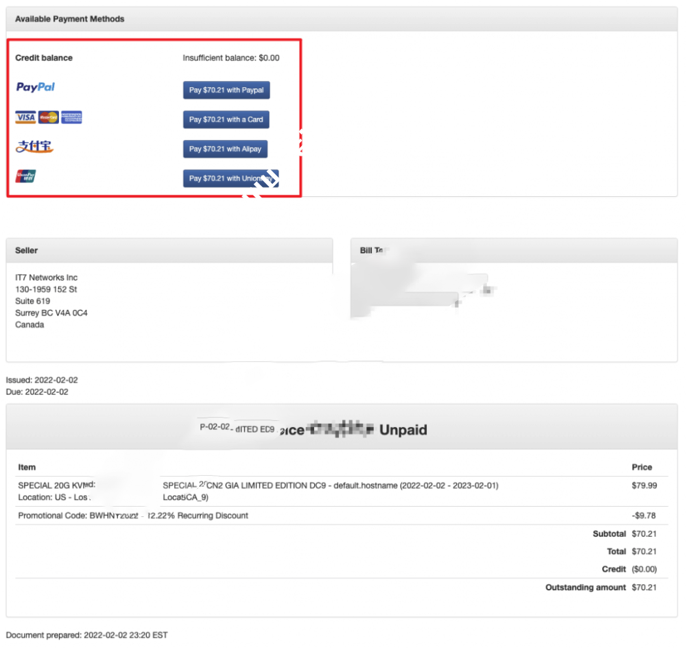 搬瓦工新版账单支付页面，使用支付宝/信用卡付款方法-国外主机测评