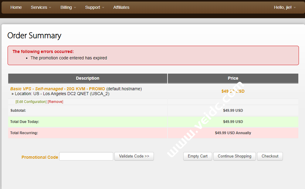 搬瓦工：新年优惠码 BWHNY2022 已过期 (The promotion code entered has expired)-国外主机测评