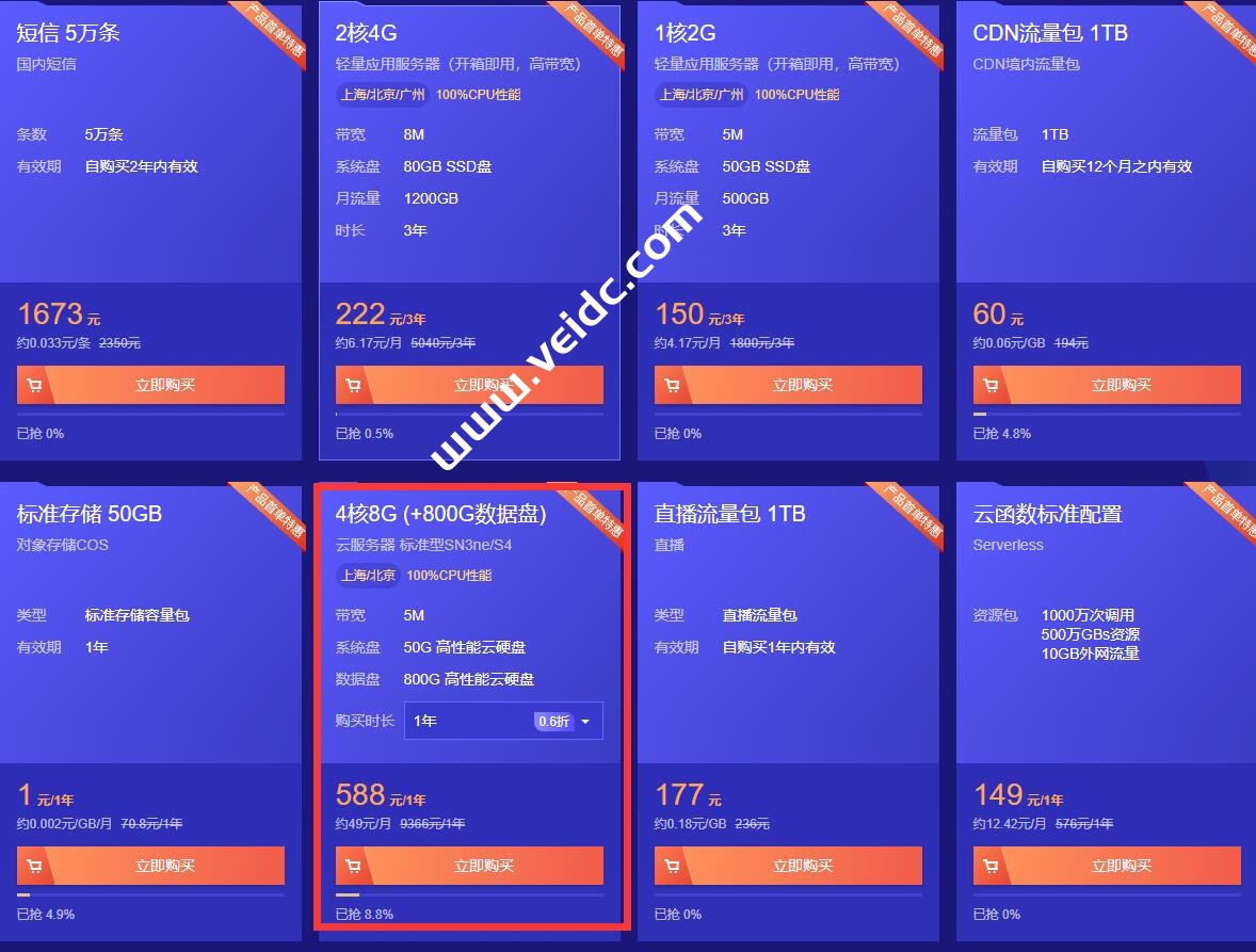 腾讯云：限量秒杀活动，大硬盘云服务器套餐2核/4G/3M/400G年付328元，4核/8G/5M/800G年付588元-国外主机测评