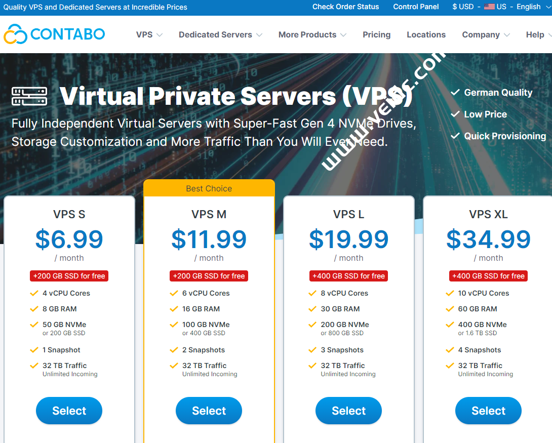 Contabo：购VPS赠最200G-400G硬盘存储，4核8G超高性价比VPS，200M-1Gbps不限流量，月付6.99美元起-国外主机测评