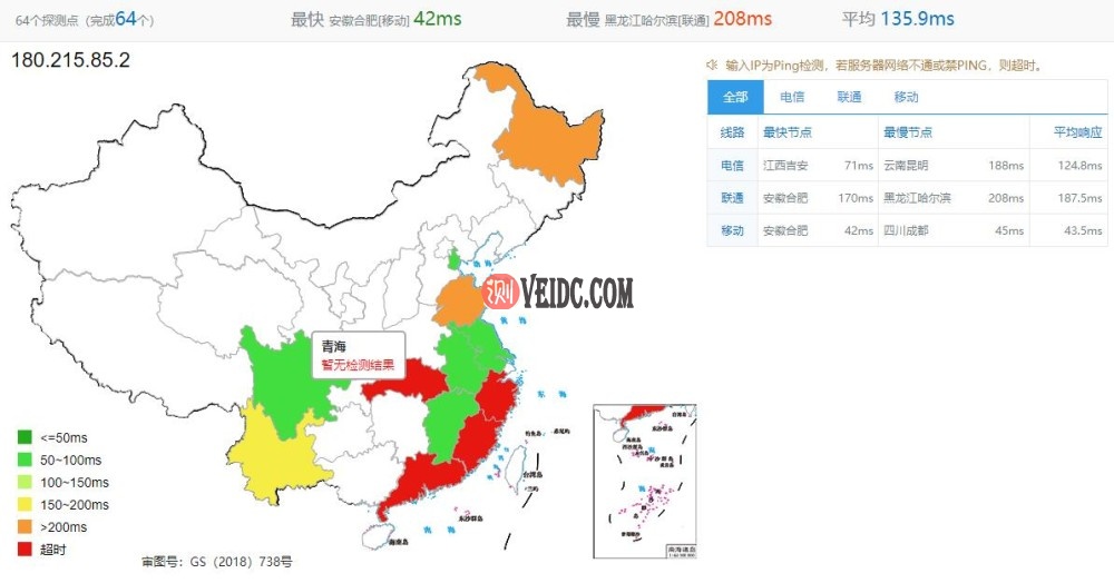 TOTYUN香港VPS全国Ping效果测试