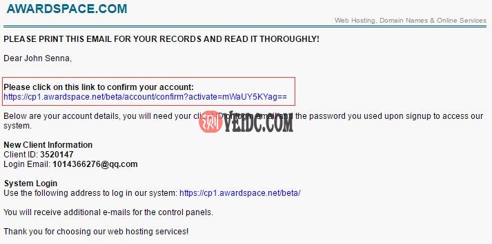 AwardSpace免费虚拟主机 - 邮箱激活