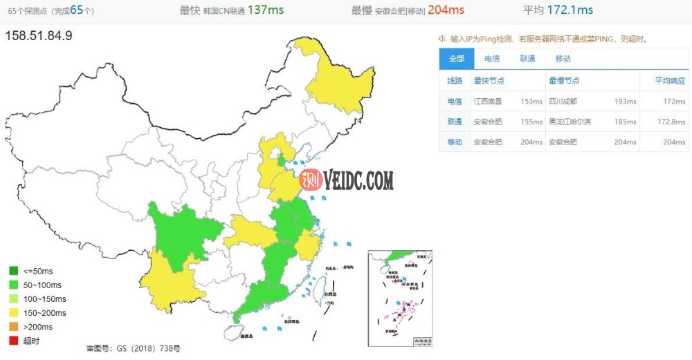 NexusBytes美国VPS全国Ping测试