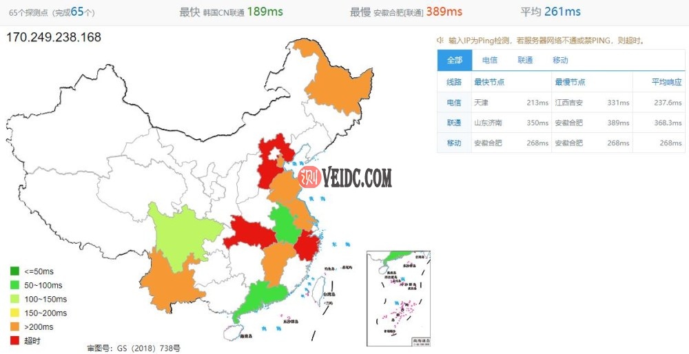 KnownHost美国VPS亚特兰大机房全国Ping测试