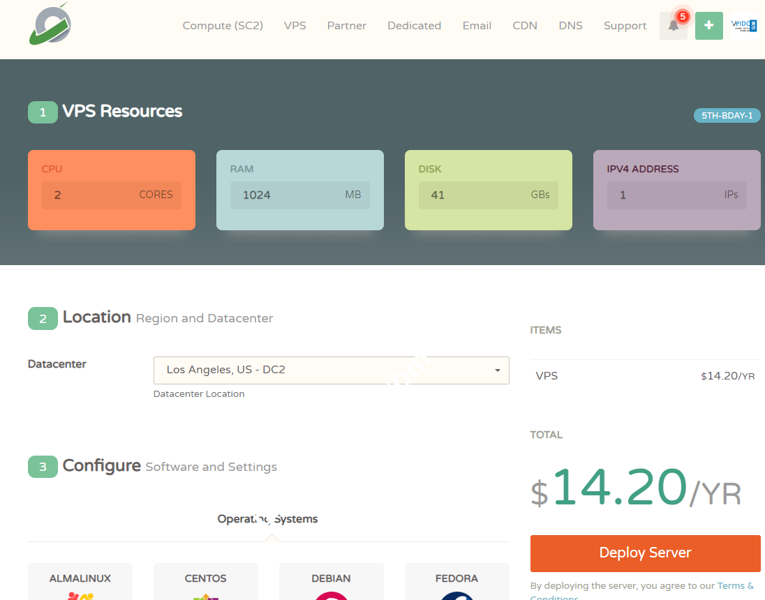 CloudCone：5周年促销，美国便宜VPS，洛杉矶MC机房，2核1G 41G SSD，1Gbps@5TB流量，年付$14.2起-国外主机测评