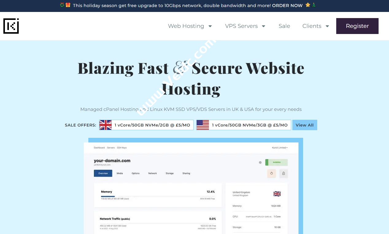 Kuroit：英国VPS/美国VPS，1核1GB内存10GBSSD存储，1Gbps@5TB，年付14美元-国外主机测评