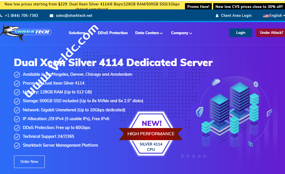 Sharktech：国外高性能大带宽独立服务器推荐，最高可升级到40Gbps不限流量，可选洛杉矶/丹佛/芝加哥和荷兰机房，Dual Xeon Silver 4114/128GB/500GB SSD/1Gbps不限流量，60Gbps DDoS防御，月付$229-国外主机测评