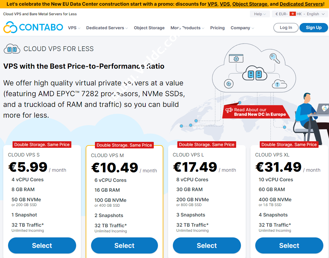 Contabo：国外高性价比VPS双倍硬盘活动，可选德国/美国/新加坡等7大机房，4H8G 400GSSD，月付€5.99起-国外主机测评