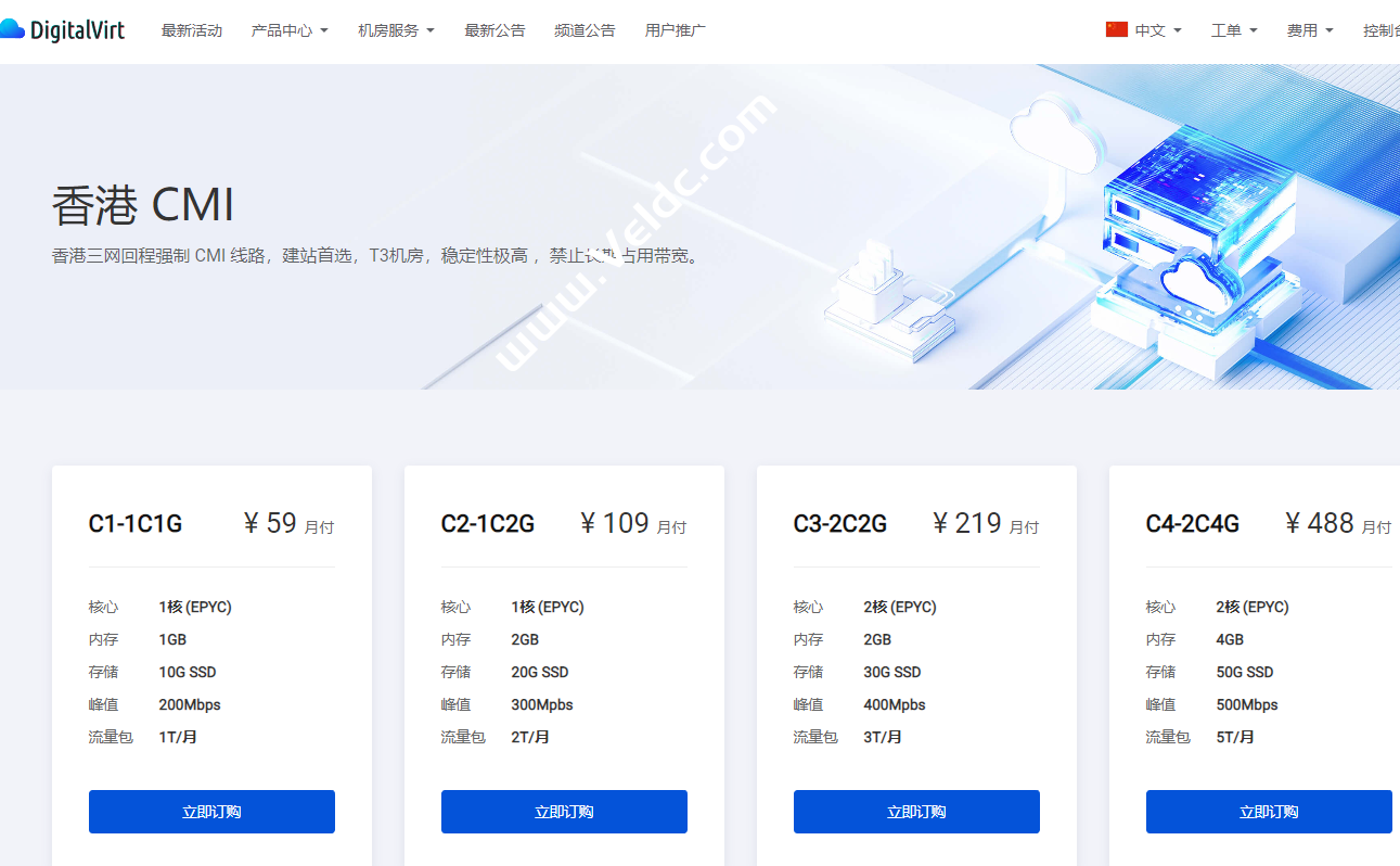 DigitalVirt：香港 CMI补货，三网回程强制 CMI 线路，月付¥59起-国外主机测评