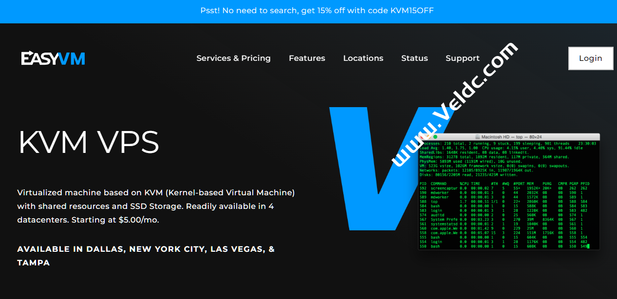 EasyVM：美国VPS 85折优惠，可选达拉斯、纽约、拉斯维加斯和坦帕机房，1核2GB内存30GB SSD存储，1Gbps@2TB，月付4.25 美元起-国外主机测评