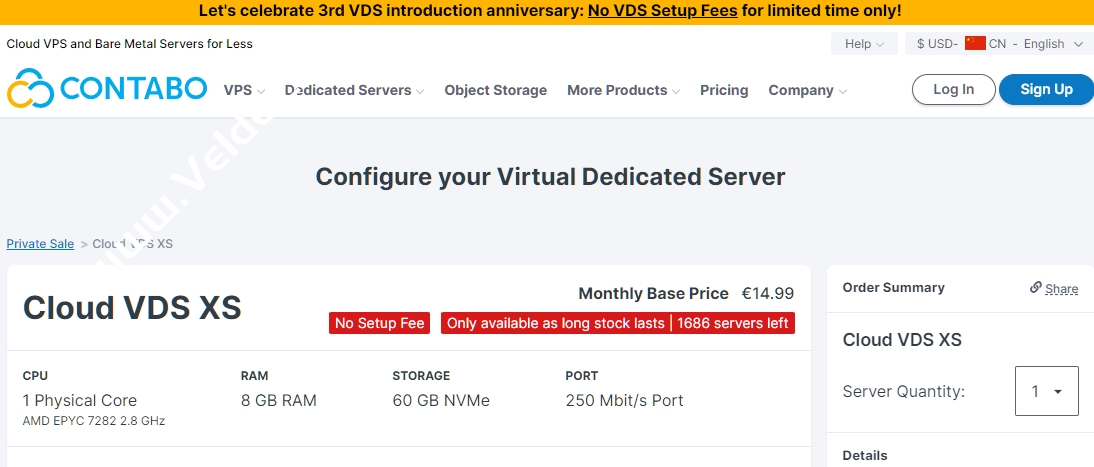 Contabo：限量特别版VDS促销，1 个AMD 霄龙 7282/8GB内存60GB NVMe存储，可选德国/英国/美国/日本/新加坡/澳大利亚等8机房，月付€14.99-国外主机测评
