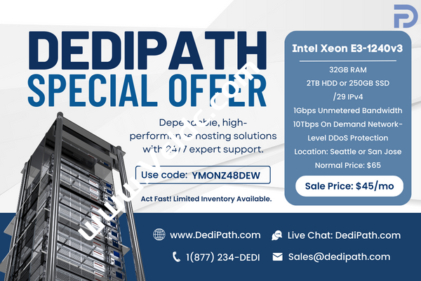 DediPath：美国服务器促销，可选圣何塞和西雅图机房，Intel Xeon E3-1240v3/32GB/2TB HDD或1TB SSD存储，1Gbps不限流量，按需10Tbps网络级保护，月付45美元-国外主机测评