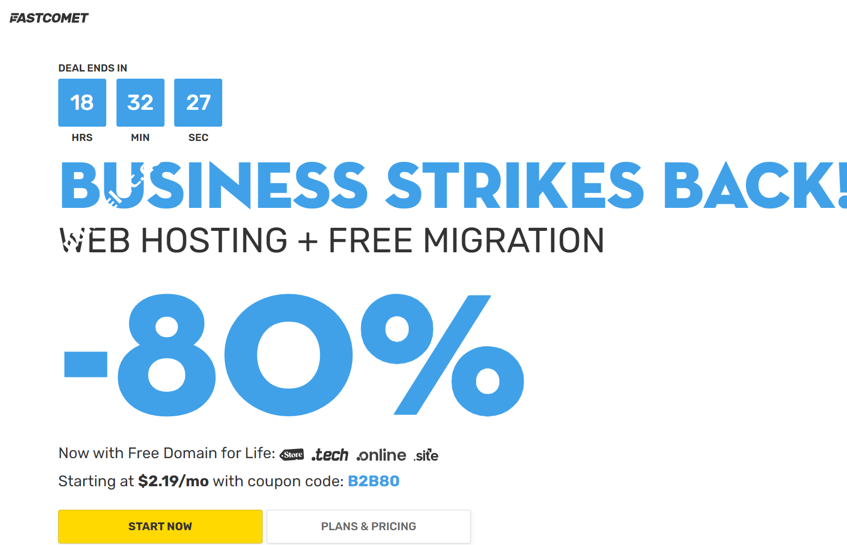 FastComet：BUSINESS STRIKES BACK促销，虚拟主机享80%折扣，月付$2.19起，VPS云主机/美国服务器享30%优惠-国外主机测评