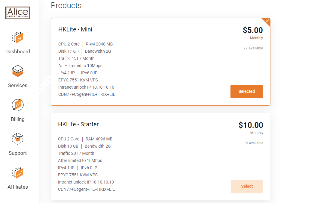 Alice Networks：香港国际线路VPS，EPYC 7551 CPU/1-5Gbps大带宽/CDN77+Cogent+HE+HKIX+EIE，月付$5起-国外主机测评