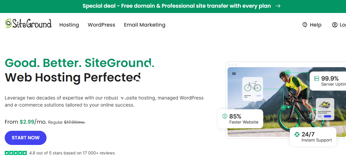 SiteGround：#特别优惠#全部套餐赠送免费域名/网站转移服务，WordPress和WooCommerce官方推荐主机商，月付$2.99起-国外主机测评