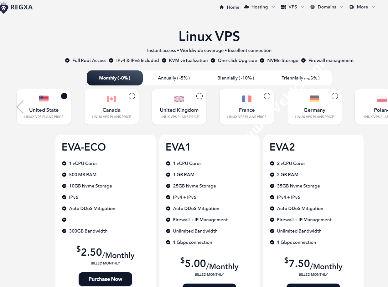 REGXA：新建美国/加拿大机房，1Gbps不限流量高防VPS，可选印度/offshore/新加坡/欧洲/美国等机房，月付$2.5起-国外主机测评