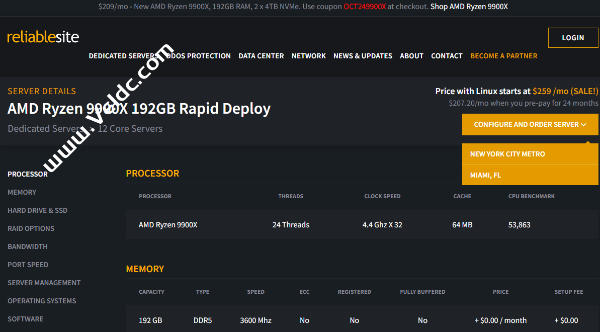ReliableSite：美国高配服务器促销，可选纽约/迈阿密机房，AMD Ryzen 9900X/192GB DDR5/2 x 4TB NVMe/1Gbps不限流量/免费20Gbps DDoS防护，月付$209-国外主机测评