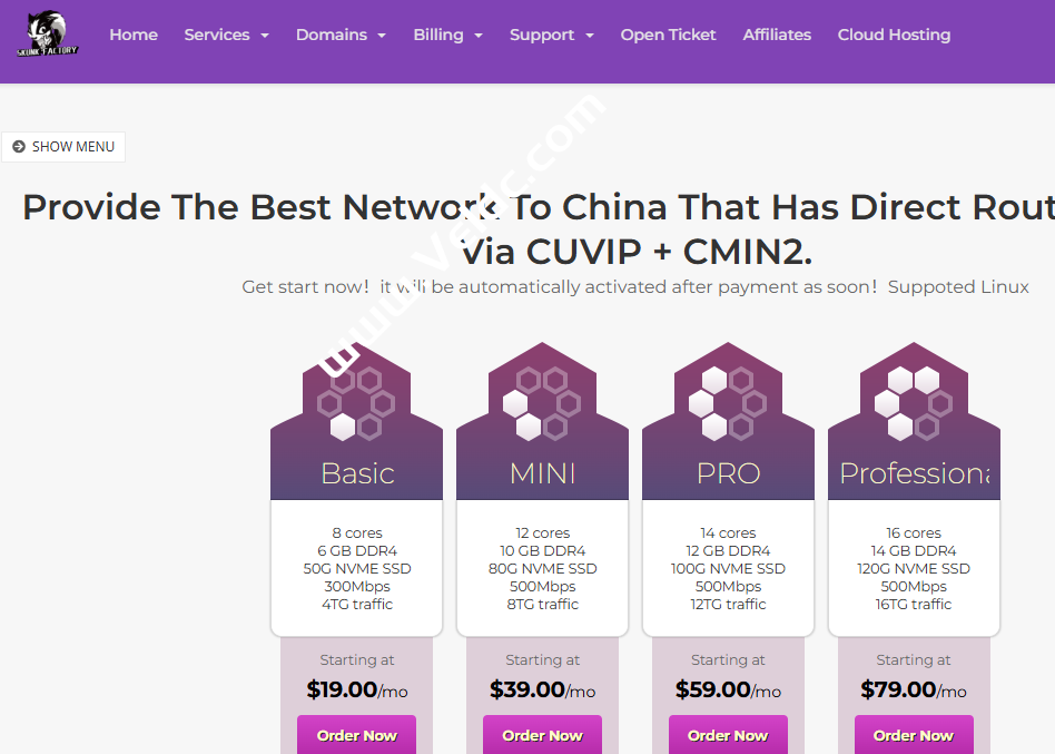 Skunkfactory：洛杉矶CUVIP + CMIN2线路VPS，8核6GB/50GB NVMe，300Mbps@4TB，月付$19起-国外主机测评