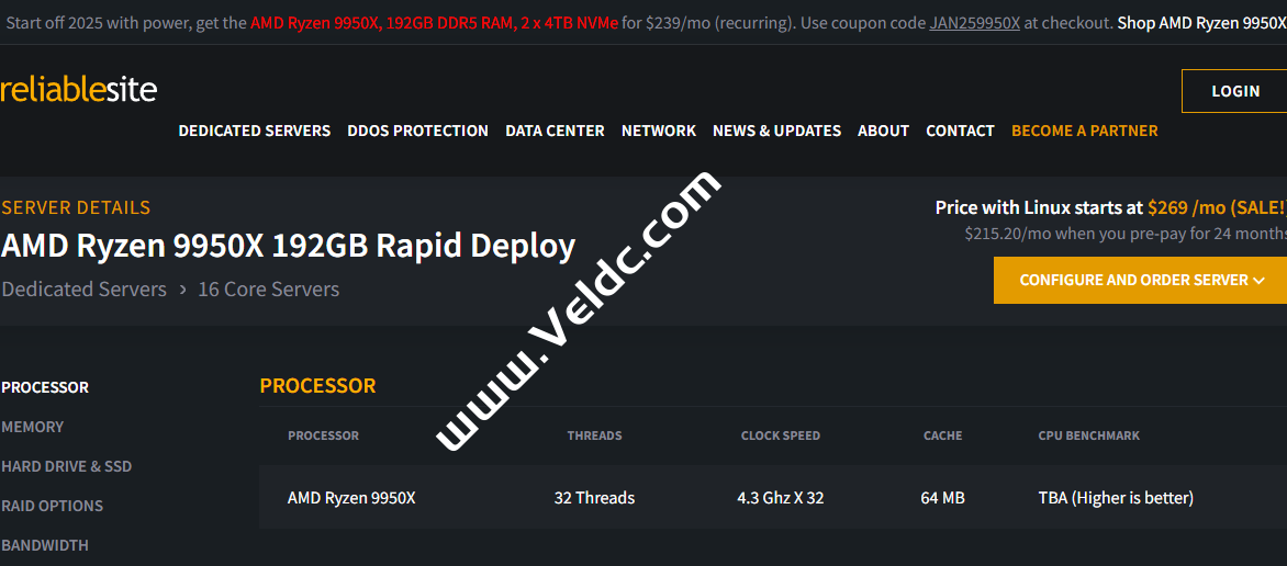 ReliableSite：美国服务器促销，AMD Ryzen 9950X/192GB DDR5内存/2x4TB NVMe存储/1Gbps不限流量，可选洛杉矶/纽约/迈阿密机房，月付$239-国外主机测评