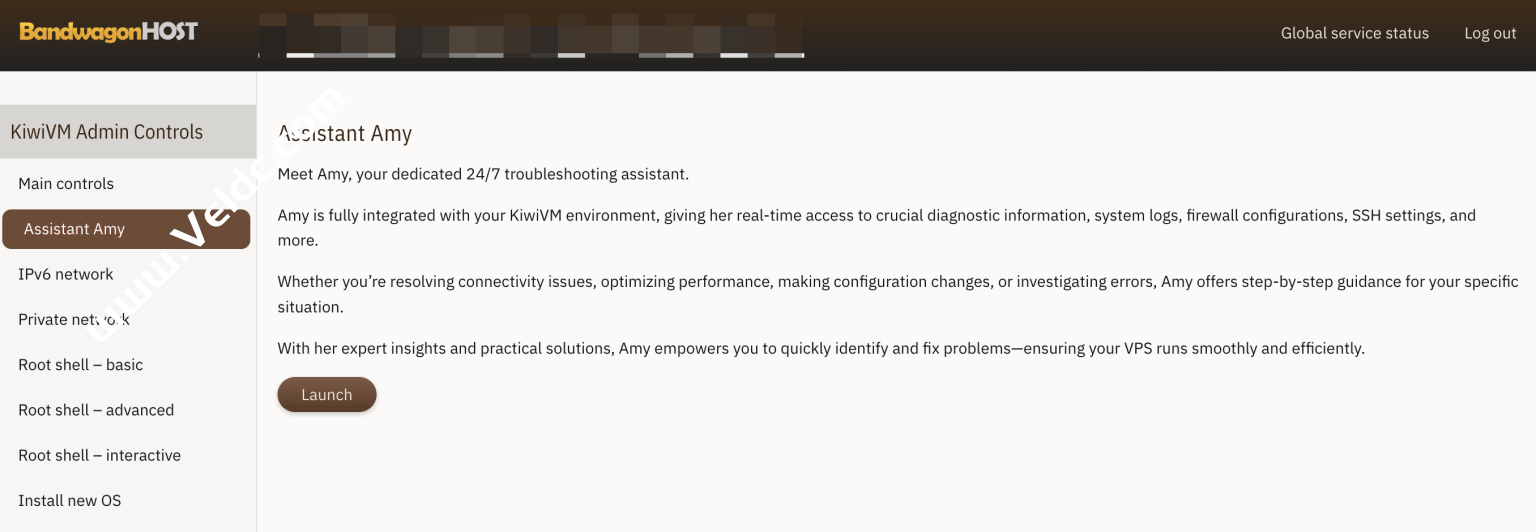 搬瓦工：KiwiVM 面板新增Assistant Amy，AI智能故障排除助理，实时检查 VPS 问题，支持中文解答-国外主机测评