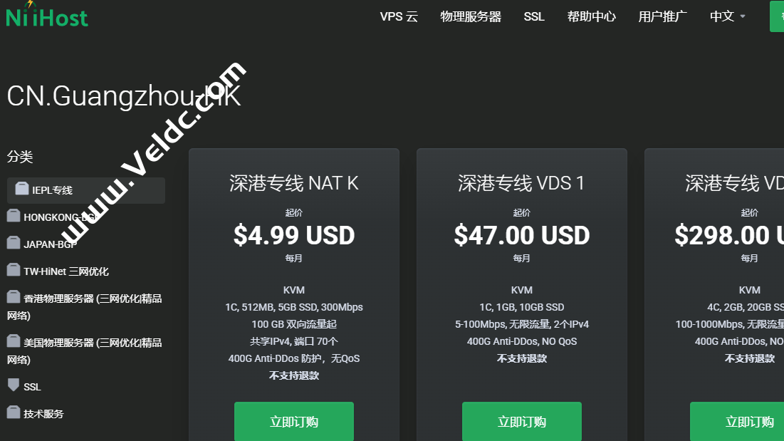 NiiHost：深港IEPL VPS，入口广州移动/共享IP/1核512MB/5GB/300Mbps@100 GB，月付$4.49起-国外主机测评