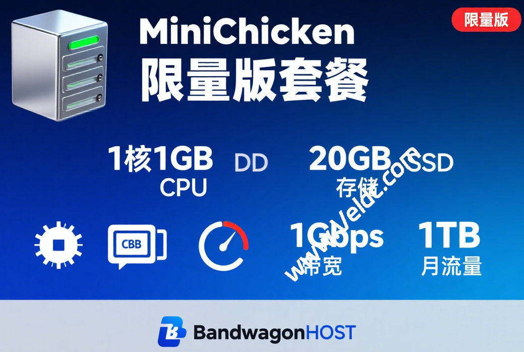 搬瓦工：上线MiniChicken 限量版套餐，年付低至$17.71，加州弗里蒙特机房，1核1GB内存/20GB SSD，1Gbps@1TB-国外主机测评