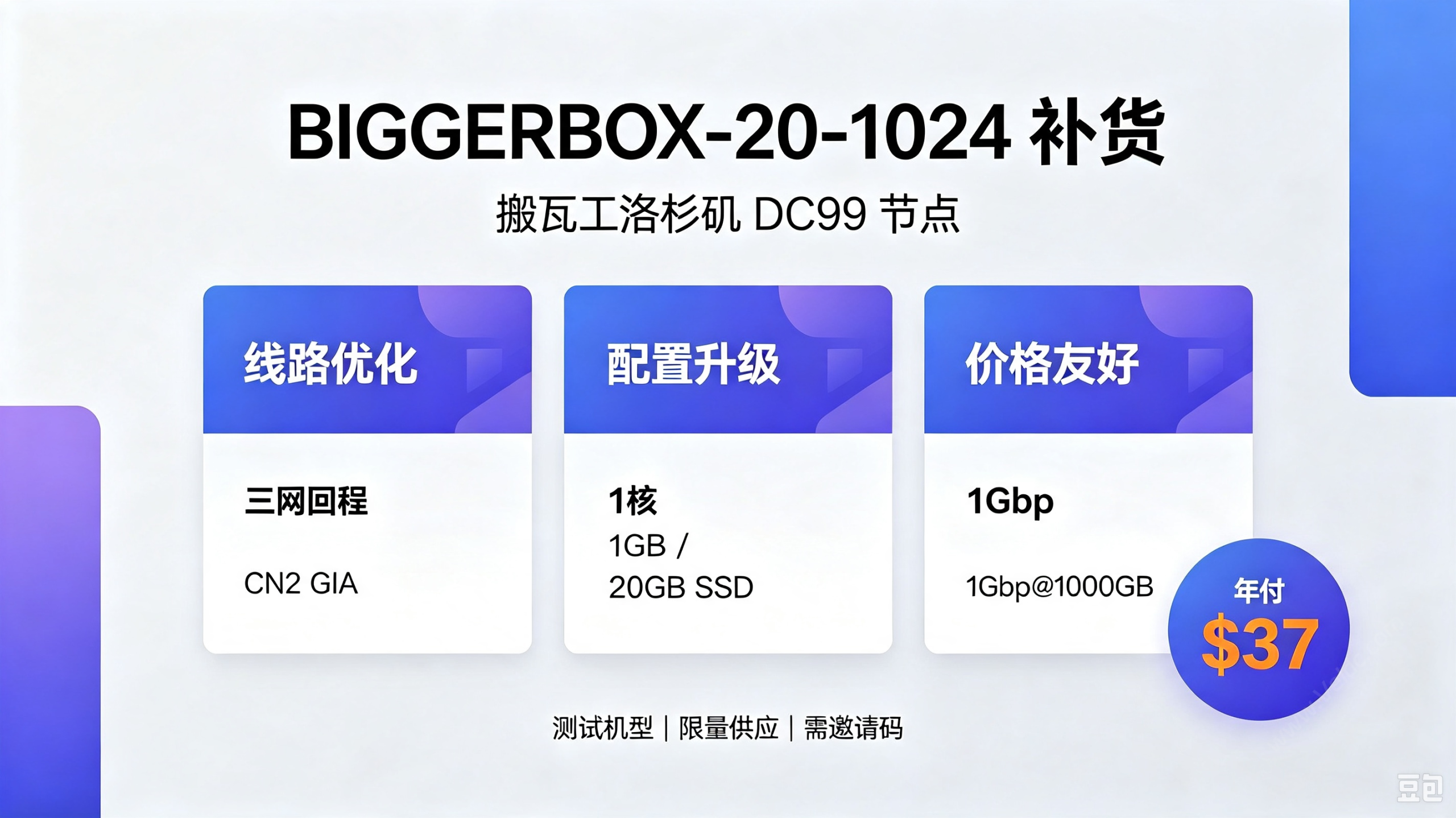 搬瓦工：补货BIGGERBOX-20-1024，洛杉矶DC99三网优化线路/1Gbps带宽，1核1GB/20GB SSD/1Gbps@1000GB，年付$37（需邀请码）-国外主机测评