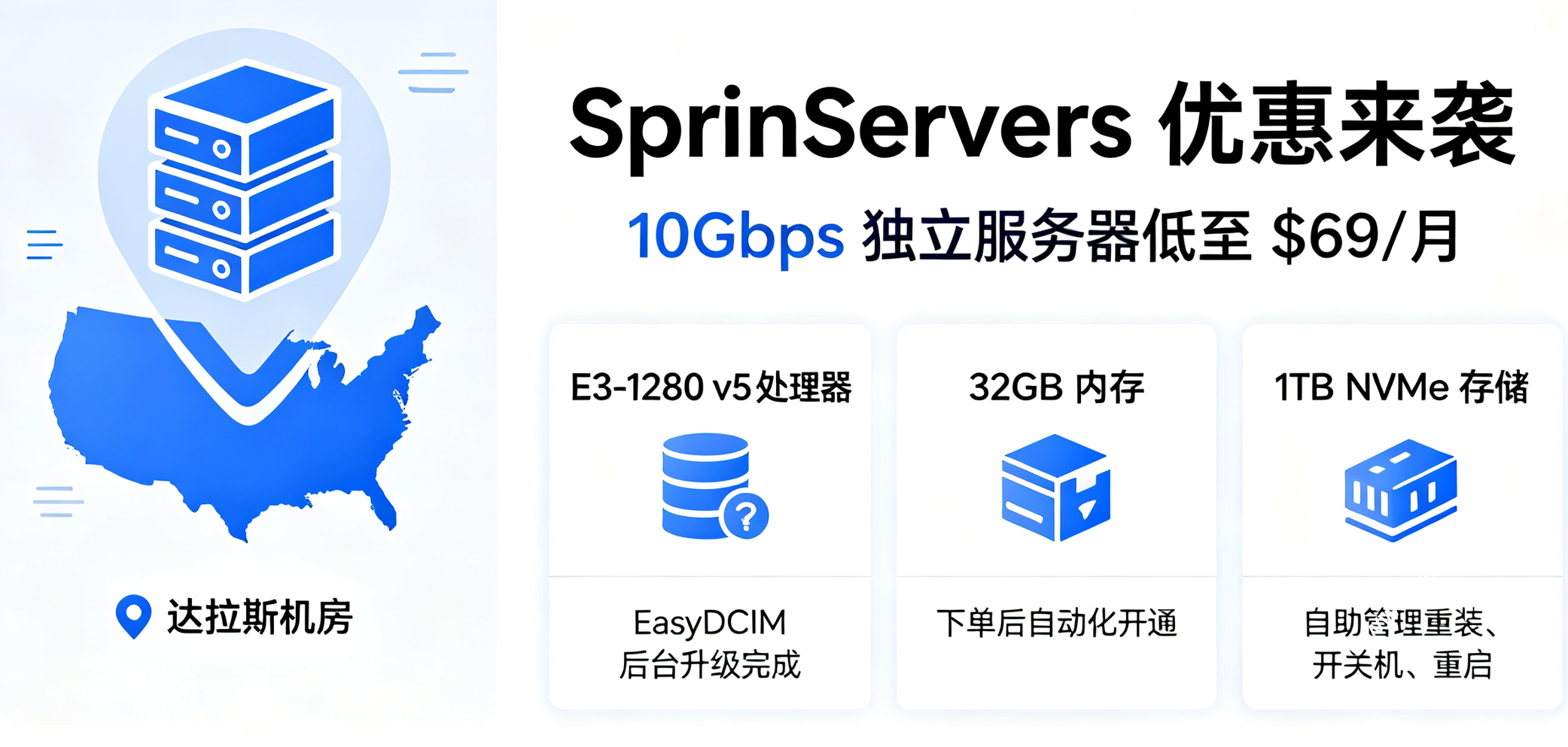 SpinServers:后台升级为 EasyDCIM,美国达拉斯机房部分型号优惠,E3-1280v5/32GB/1TB NVMe,10Gbps@30TB,月付$69起-国外主机测评